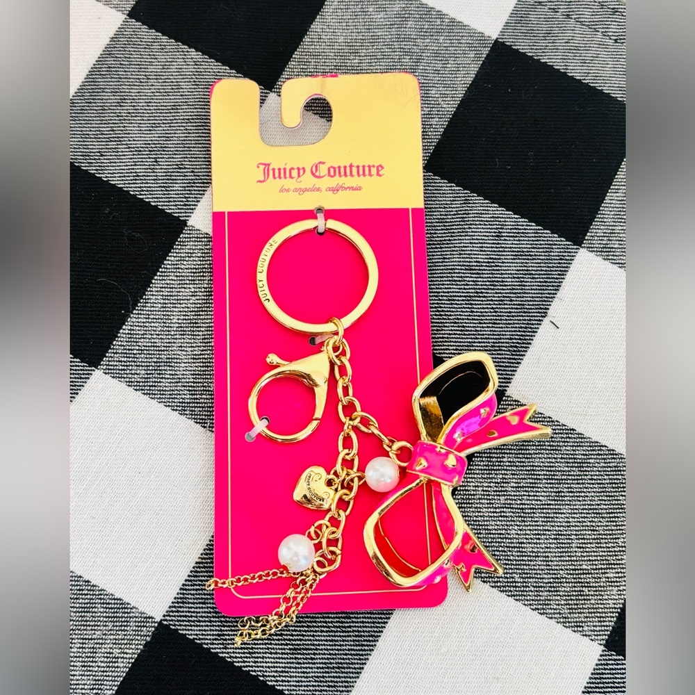 Juicy Couture BOW Keychain Bag Charm Hot Pink Enameled Heart Pearl NWT RARE
